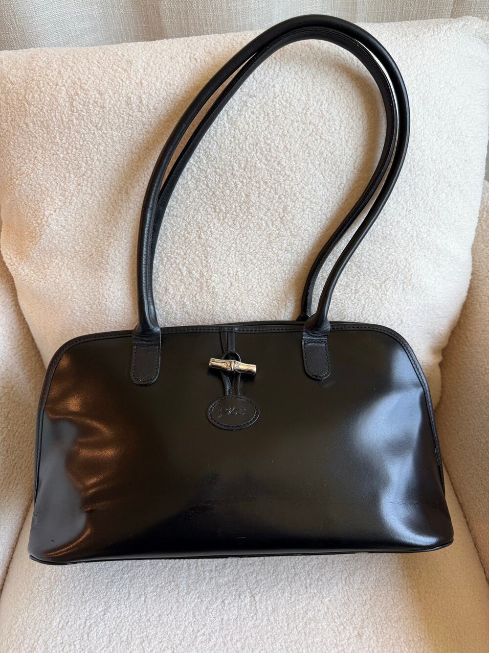Vintage Longchamp Roseau Shoulder Bag Women's Black Leather Double Handle